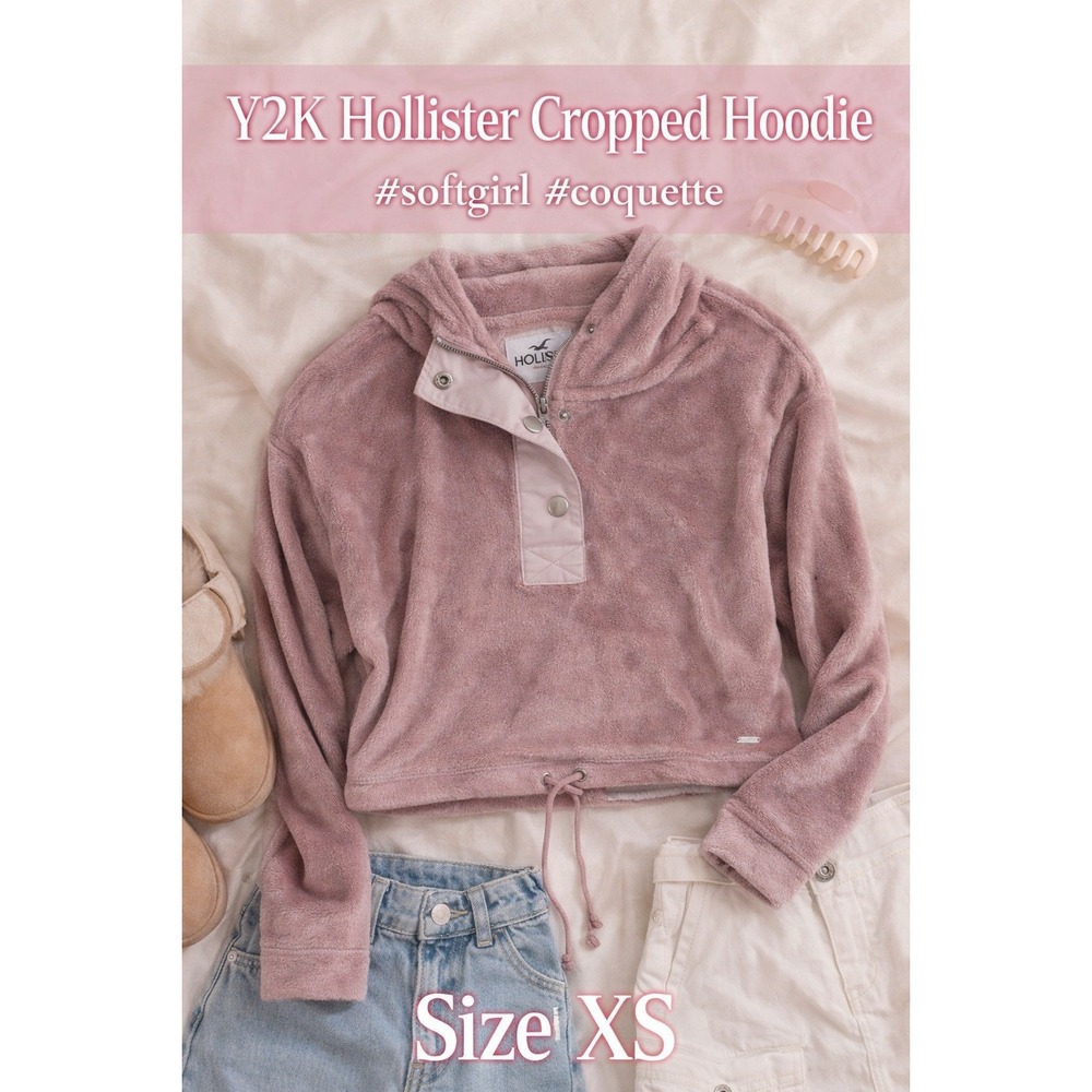 Hollister Mauve Faux Fur Fleece Quarter Zip Hoodie XS Cropped Drawstring Hem‎
